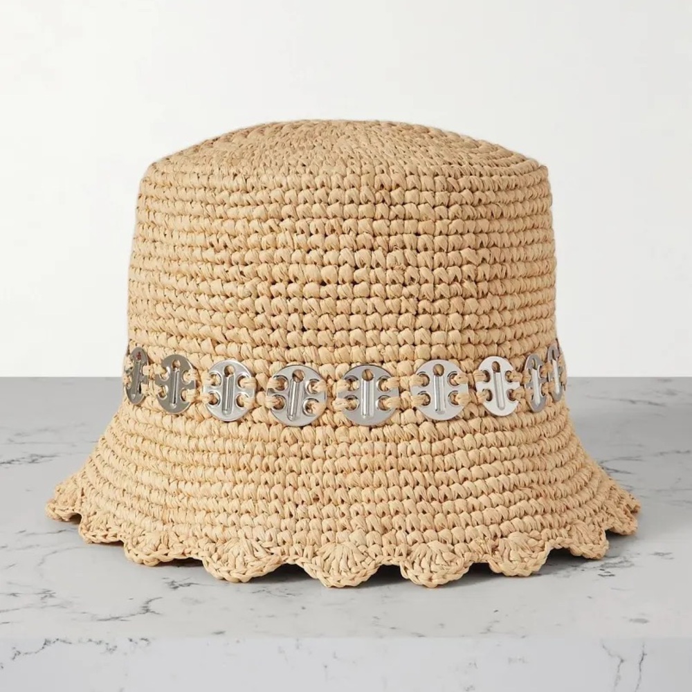 RABANNE Silver Disc Embellished Raffia Woven Hat